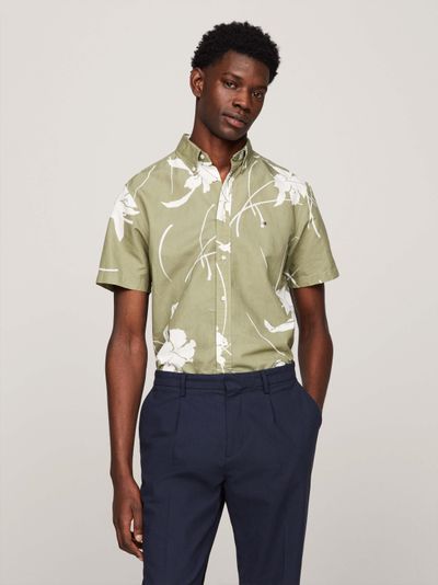 Camisa tropical de manga corta en popelín de hombre