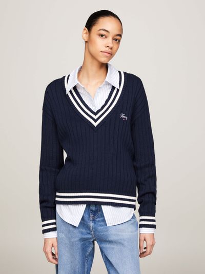 Suéter acanalado amplio con cuello de pico de mujer Tommy Jeans