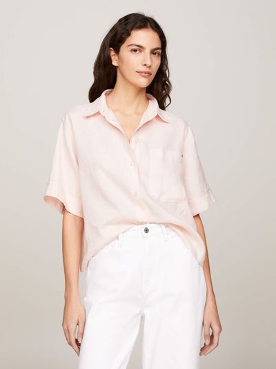 Camisa amplia de lino con manga corta de mujer
